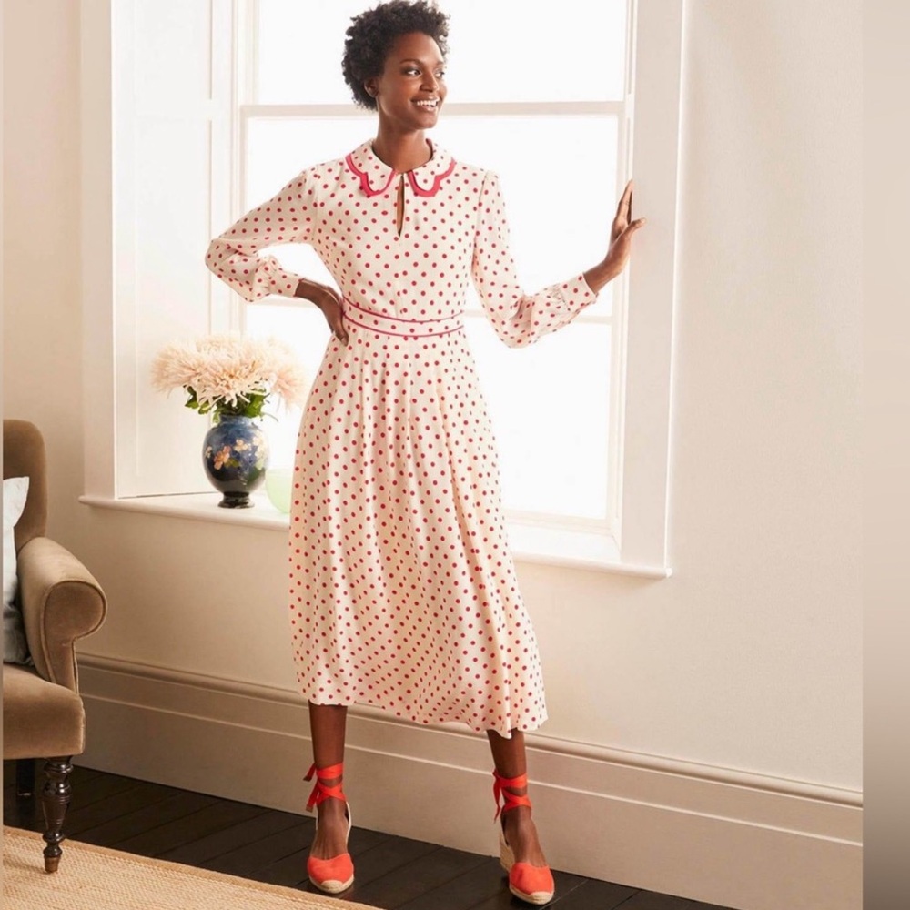 🍊 Boden Retro Peter Pan Scalloped Collar Polka Dot Midi Dress piping US 14 RARE